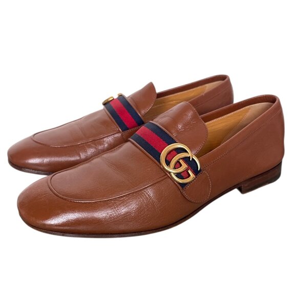 GUCCI Donnie Web Double GG Logo Cognac Leather Loafers Dress Shoes \\ 9.5 (10 US) main image 9